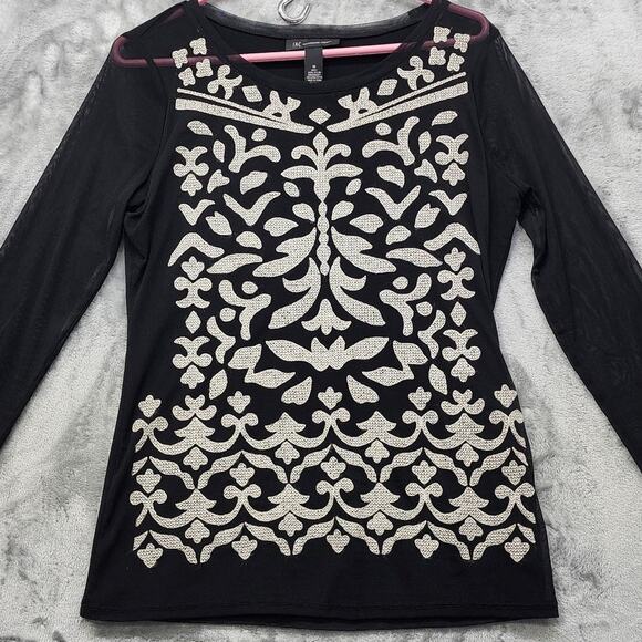 INC International Concepts Top Women M Black Embroidered Double Layer Sheer Mesh - Picture 2 of 8